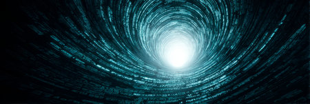 Digital data tunnel with binary code vortex and glowing center. Generative AIの素材