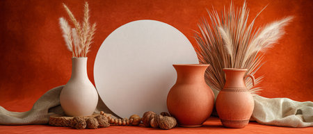 Boho home decor with ceramic vases and pampas grass. Generative AIの素材