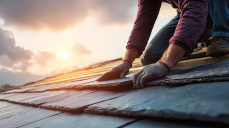 Roofer installing slate shingles on pitched roof at sunset. Generative AIの素材