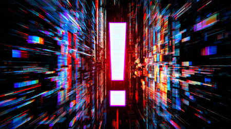 Digital exclamation mark warning with glitch effects. Generative AIの素材