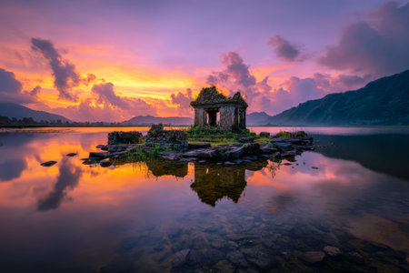 Ancient stone ruins on lake at vibrant sunset. Generative AIの素材