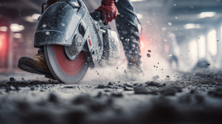 Worker cutting concrete with industrial saw on construction site. Generative AIの素材