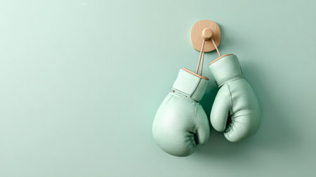 Mint green boxing gloves hanging on wall hook. Generative AIの素材