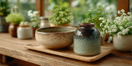 Minimalist kitchen shelf with jars and plants. Generative AIの素材