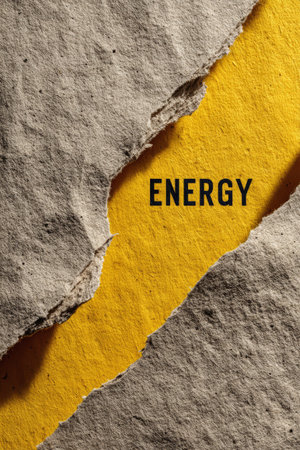 ENERGY Text Revealed Through Torn Kraft Paper. Generative AIの素材
