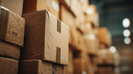 Stack of cardboard boxes in warehouse setting. Generative AIの素材