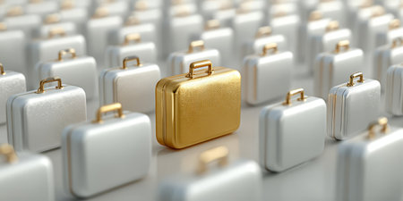 Golden Briefcase Standing Out Among White Bags. Generative AIの素材