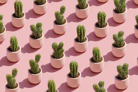 Pattern of potted cacti on pastel pink background. Generative AIの素材