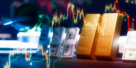 Gold Bullion Bars and US Dollar Cash on Office Desk With Keyboard and Tablet Digital Investment
