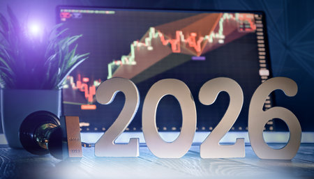 concept of market uncertainty in 2026 with a fallen trophy and a gold bar next to New Year's...