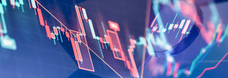 Close-up view of a financial candlestick chart showing price movement and trend analysis with a...