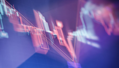 A digital candlestick highlights chart a sharp downward trend with red bars and resistance lines,...