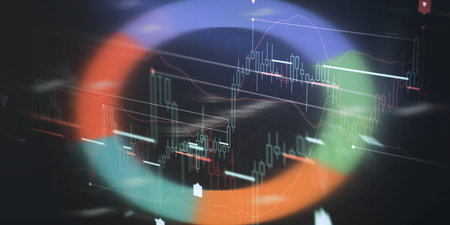 A digital candlestick chart with technical indicators is viewed through a colorful circular overlay,...