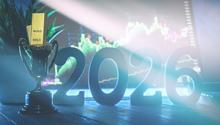 2026 Financial Success Trophy features a gold bar, a stock market chart background, and a bright...