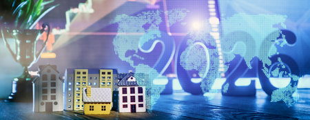 2026 Global Real Estate Market Concept With Miniature Houses and Apartment Buildings, World Map...