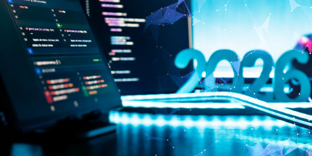 Futuristic AI Network and Coding Concept with 2026 Numbers, Laptop Code Screen