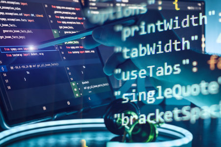 Programmer Using Stylus on Coding Screen with Abstract Code Overlay in Futuristic AI Development