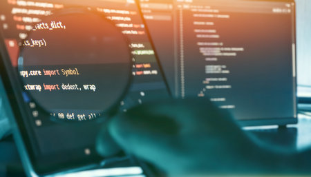 Programmer Reviewing Source Code Through Magnifying Glass on Futuristic