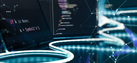 Futuristic AI Coding Workspace with Python Code on Screen, Neon Desk Lighting and Digital Network