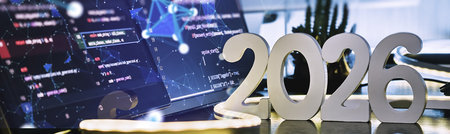 2026 Software Development Concept with Code Screens and Digital Network Overlay in Modern