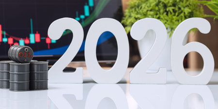 Miniature oil barrels next to large 2026 numbers and a rising chart background, representing crude...