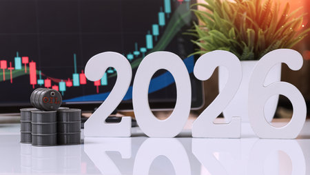 Oil Barrels with 2026 Text and Rising Commodity Market Chart