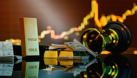 Gold bullion bars, stacks of US money, and a winner's cup on a dark reflective surface with trading graphs in the background.