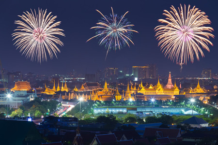 Colorful firework at Wat Phra Kaew, Temple of the Emerald Buddha and Grand Palace in a celebration , Bangkok, Thailandの写真素材