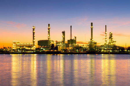 Twilight of oil refinery ,Oil refinery and Petrochemical plant at dusk , Bangkok, Thailandのeditorial素材