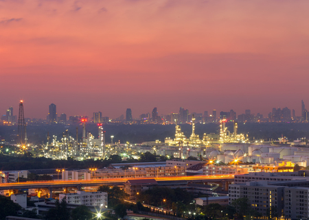 Twilight of oil refinery ,Oil refinery and Petrochemical plant at dusk , Bangkok, Thailandのeditorial素材