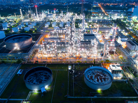 Aerial view of twilight of oil refinery ,Shot from drone of Oil refinery and Petrochemical plant at dusk , Bangkok, Thailandの写真素材