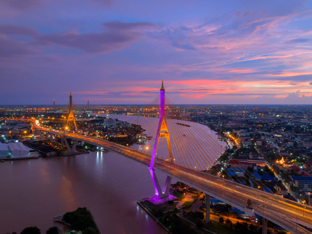 Bangkok Expressway top view, Top view over the highway,expressway and motorway at night, Aerial view interchange of a city, Shot from drone, Expressway is an important infrastructure in Thailandのeditorial素材