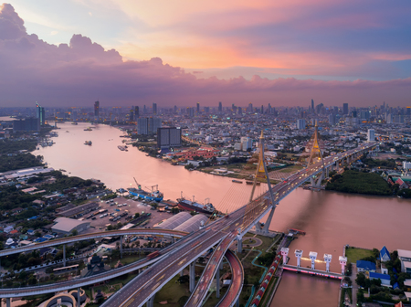 Bangkok Expressway top view, Top view over the highway,expressway and motorway at night, Aerial view...