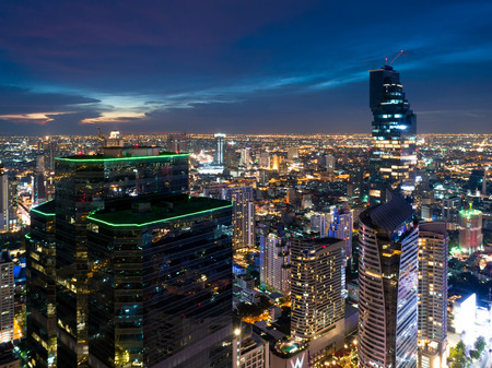 Aerial view of Bangkok new landmark modern office buildings, condominium, living place in Bangkok city downtown with sunset scenery, Bangkok is the most populated city in Southeast Asia.Bangkok , Thailandの写真素材