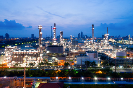 Aerial view of twilight of oil refinery ,Shot from drone of Oil refinery and Petrochemical plant at dusk , Bangkok, Thailandの写真素材