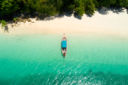 Long tail boat on the beach.Wonderful background.Aerial view from Andaman beach.の写真素材