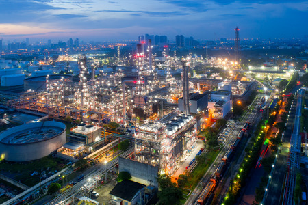 Aerial view of twilight of oil refinery ,Shot from drone of Oil refinery and Petrochemical plant at dusk , Bangkok, Thailandのeditorial素材