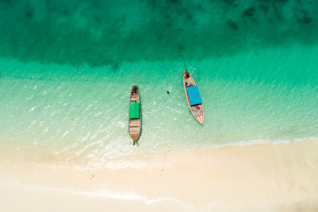 Long tail boat on the beach.Wonderful background.Aerial view from Andaman beach.の写真素材