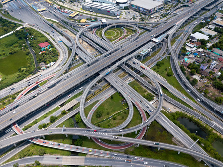 Bangkok Expressway top view, Top view over the highway,expressway and motorway at night, Aerial view interchange of a city, Expressway is an important infrastructure in Thailandの写真素材