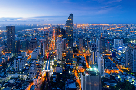 Aerial view of Bangkok modern office buildings, condominium, living place in Bangkok city downtown with sunset scenery, Bangkok is the most populated city in Southeast Asia.Bangkok , Thailandの写真素材