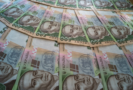 Ukrainian money hryvnia closeup many pieces areの写真素材