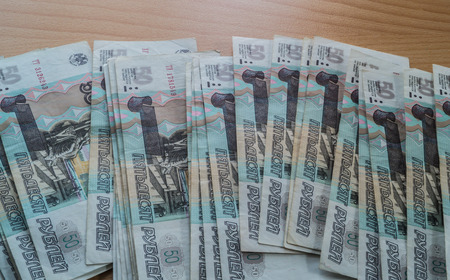 Russian money rubles closeup on the tableの写真素材