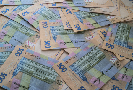 Ukrainian money hryvnia closeup many pieces areの写真素材