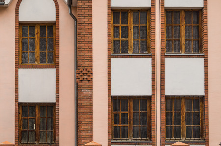wooden window brick building exterior close up