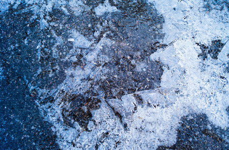 Macro shot of frozen water on the pavementの写真素材