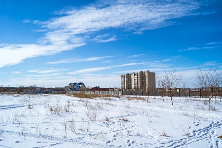 frosty winter sunny day and blue skyの写真素材