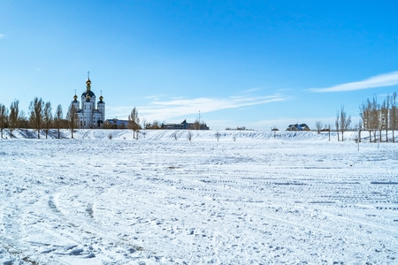 frosty winter sunny day and blue skyの写真素材