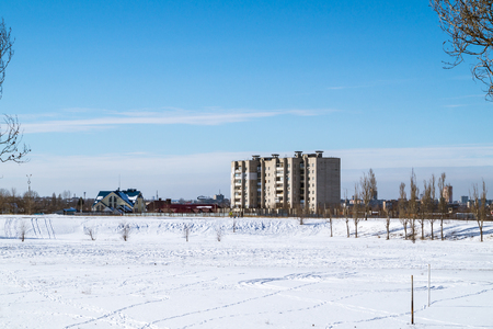 frosty winter sunny day and blue skyの写真素材