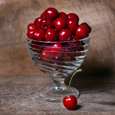 Cherries in a glass vase on a wooden backgroundの写真素材