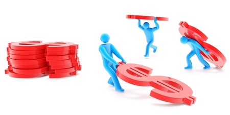 Three peoples carring red dollar sign, isolated on white background, 3d renderの写真素材